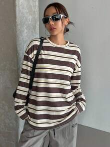 DAZY 女款條紋寬鬆長袖圓領長版T恤，夏季大尺寸校園風 - 杏色 - 查看 5