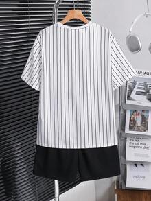 SHEIN Conjunto de camiseta de cuello redondo a rayas suave y pantalones cortos para adolescentes varones, de estilo universitario casual, cómodo, minimalista y práctico, adecuado para uso diario, escuela, salidas, deportes y fiestas de vacaciones - Blanco - Ver 3