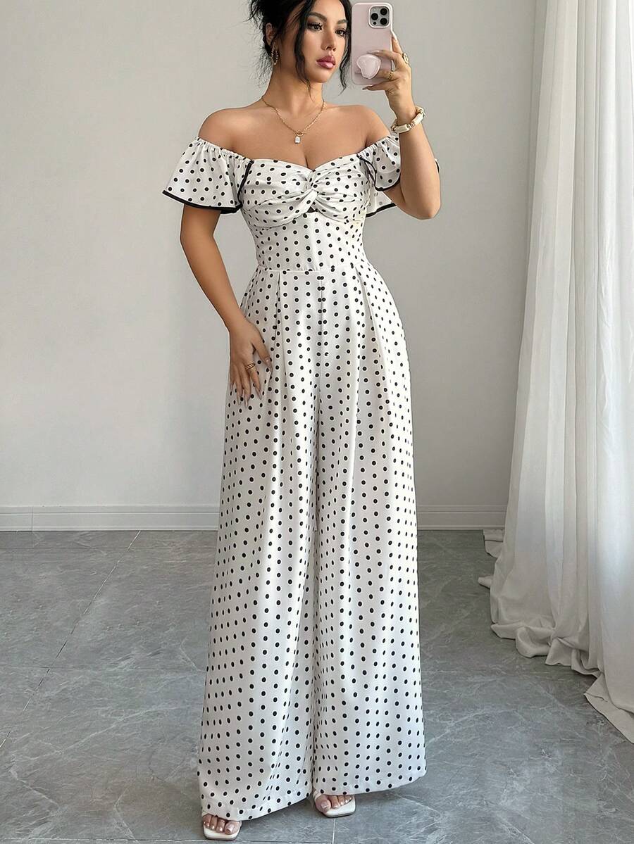 Selianne 女士时尚优雅波点印花露肩连体裤 - 杏色 - 查看 1