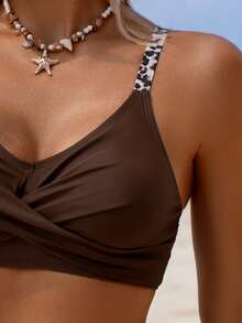 Swim Lushoire Bộ bikini nữ họa tiết da báo xếp ly, thích hợp cho kỳ nghỉ thường ngày. - Nhiều màu - Xem 3