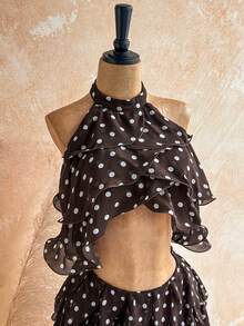 Soleia Women's Polka Dot Pattern Layered Ruffle Trim Halter Neck Crop Top, Vacation Style - Coffee Brown - View 4