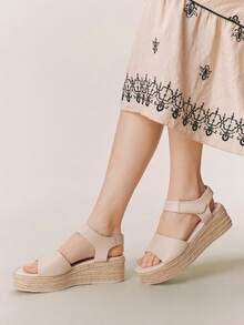 Styleloop 女士厚底坡跟凉鞋，时尚纯色编织休闲厚底坡跟凉鞋，波西米亚复古帆布踝带坡跟凉鞋，西部风格，音乐节派对装扮，度假穿搭，旅行必备 - 杏色4 - 查看 2