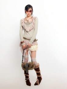 Bloopia 荷叶边领衬衫，不对称拼接长袖上衣，Y2K风格 - 卡其色 - 查看 4