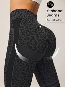 Dewbera Leopard Print High Waist Tight Yoga Leggings - Black - View 3