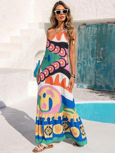 Vivid Eden فستان ماكسي نسائي بخصر واسع مطبوع منسوج، ملابس صيفية، عيد الحب، ملابس عطلة نسائية، ملابس شاطئ للمرأة، مهرجان، رومانسي، بوهيمي، بوهو، حلو، ملابس مهرجان ريف، ملابس عطلة استوائية نسائية، كرنفال