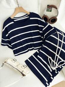 Comfortcana 加大码藏蓝色条纹T恤和裤子休闲两件套，夏季 - 藏蓝色 - 查看 3