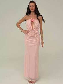 Aloruh Đầm ôm dáng xếp ly, họa tiết hoa 3D giả, dành cho nữ, thích hợp cho mùa xuân/hè. - Hồng - Xem 4