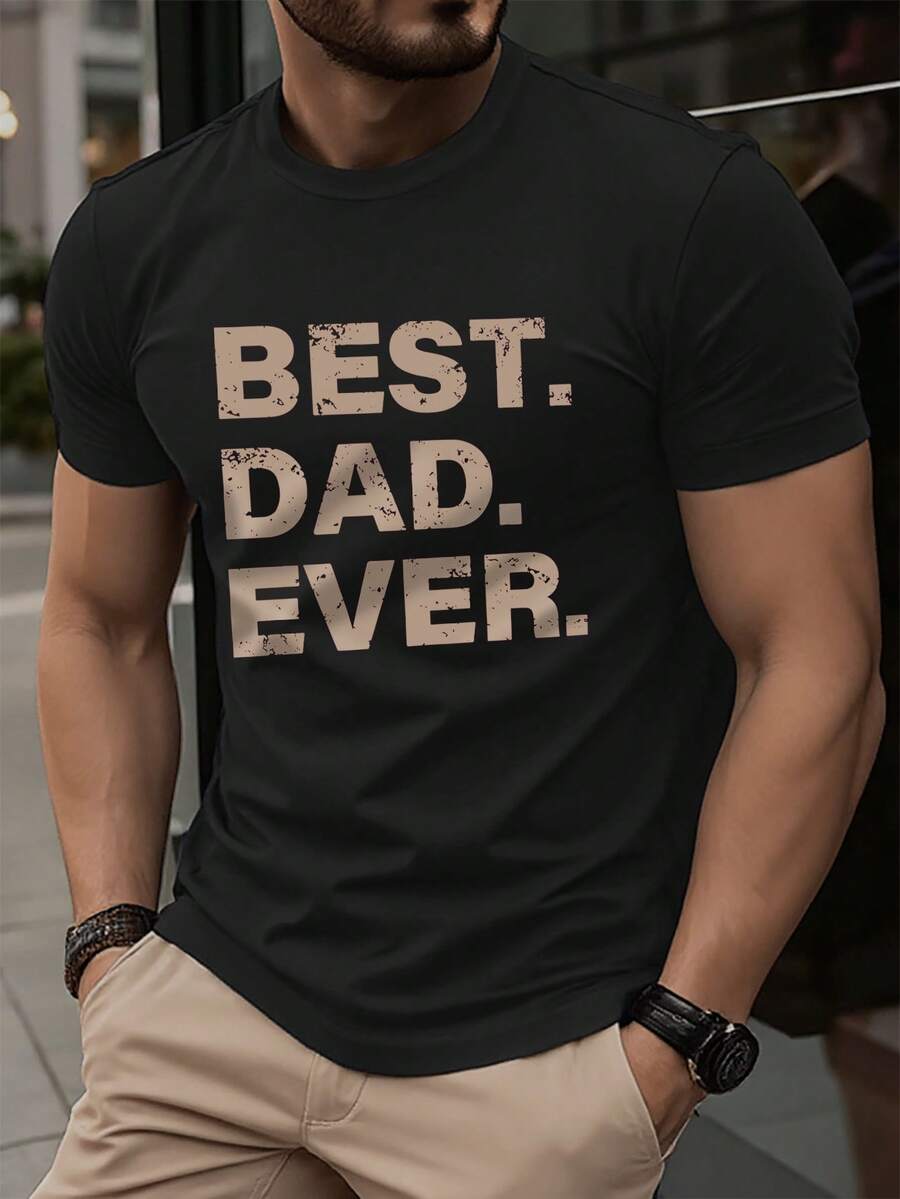 Manfinity Homme 男士休闲字母印花短袖T恤，夏季 - 黑色 - 查看 1