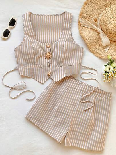 Comfortcana Conjunto de 2 piezas de mujer con cárdigan a rayas color albaricoque y shorts