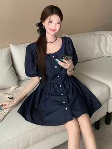 DAZY Women's Lace Casual Puff Sleeve Retro Denim Blouse - Blue - View 6