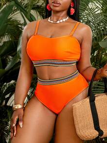 Slaydiva Plus Size Women 2pcs Solid Color Webbing High Waist Triangle Bikini Swimwear Set - Burnt Orange - View 5
