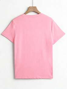 EMERY ROSE Camiseta de mujer de manga corta con cuello redondo y estampado casual de perro garabateado - Rosa Pálido - Ver 2
