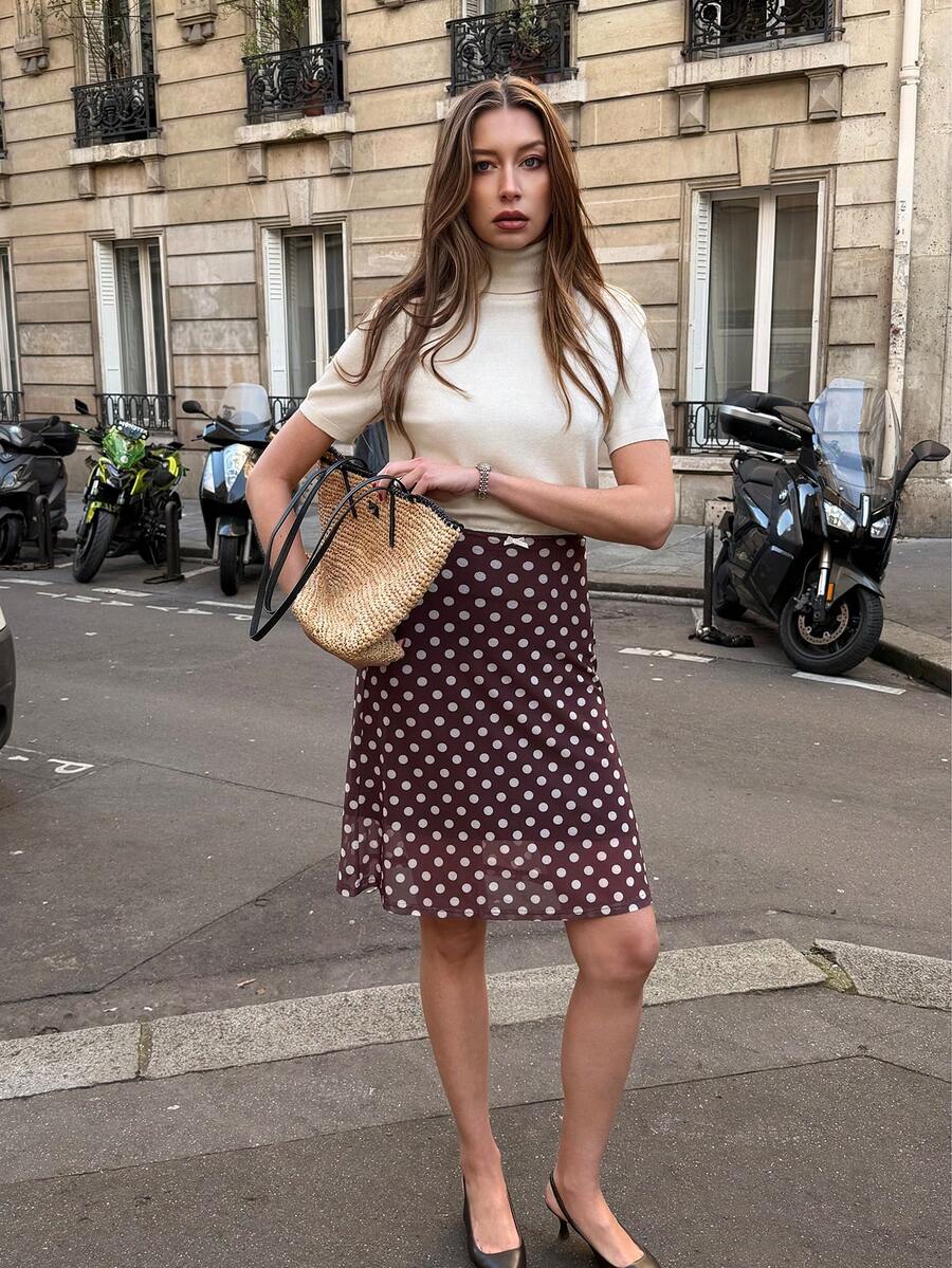 Pariaura Women's Polka Dot Pattern Casual Versatile A-Line Skirt - Brown - View 1