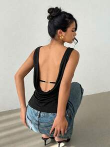 Siren Gaze Siren Gzae 露背社交上衣夏季女式纯色圆领露背休闲百搭日常T恤露背上衣女式露背上衣女式露背上衣夏季女式上衣 - 黑色 - 查看 1