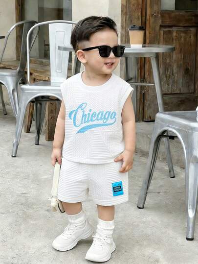 SHEIN Playful Pals Baby Boys Summer Casual Sports Style Letter Print Sleeveless Top And Shorts Set, Suitable For Daily Outings, Sports Activities, Outdoor Play, And Vacation