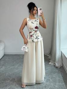 Elenzga Women's Sleeveless Elegant Casual Commute Outdoor Vest & Shiny Pants Two Pieces Set, Summer Outfit - Apricot - View 7