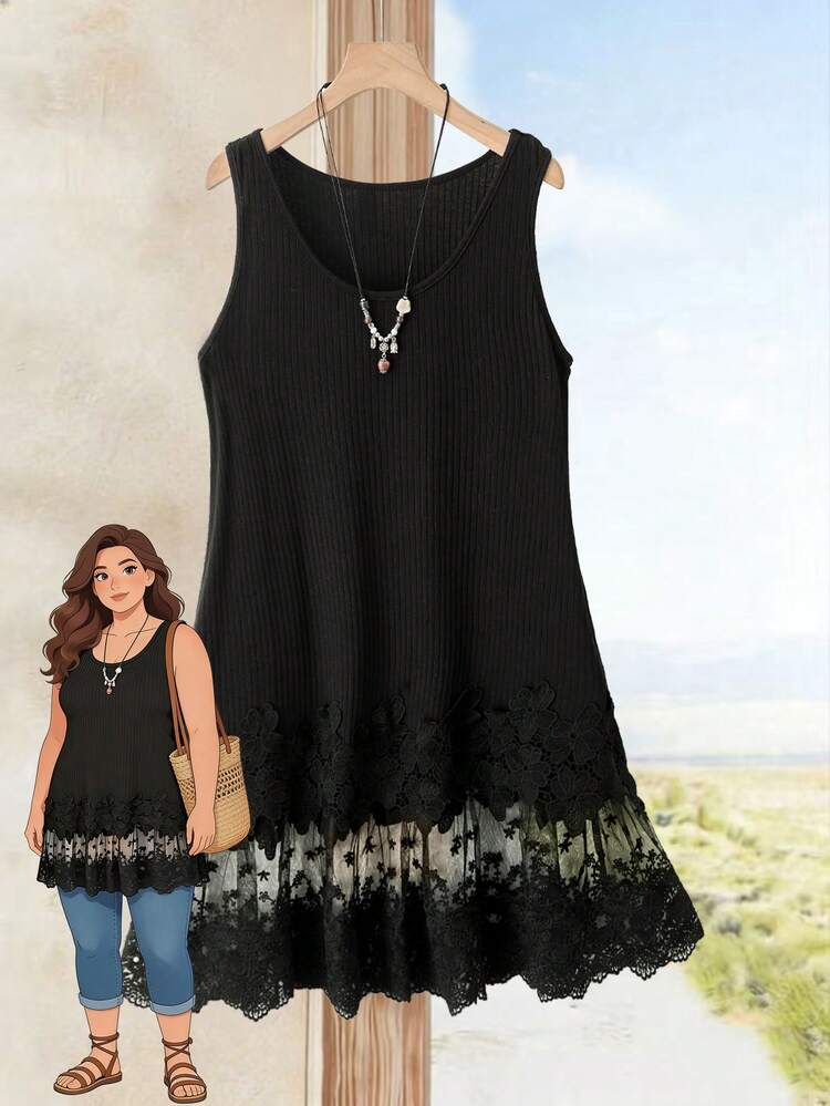 Plus Size Women Black Lace Patchwork Camisole\Summer\Vacation Black Top Summer Tops Summer Outfits Summer Clothes  Spring  Spring Outfit Women Spring Clothes Country Style For Women