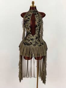 Amplova 女士花卉印花镂空流苏下摆性感吊带连衣裙 - 軍綠色 - 查看 4