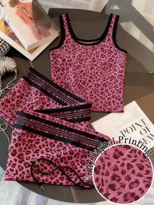 Resyla Women's Casual Chic Street Leopard Print Ringer Tank Top & Contrast Striped Side Pants 2 Pieces Set - Multicolor - View 1