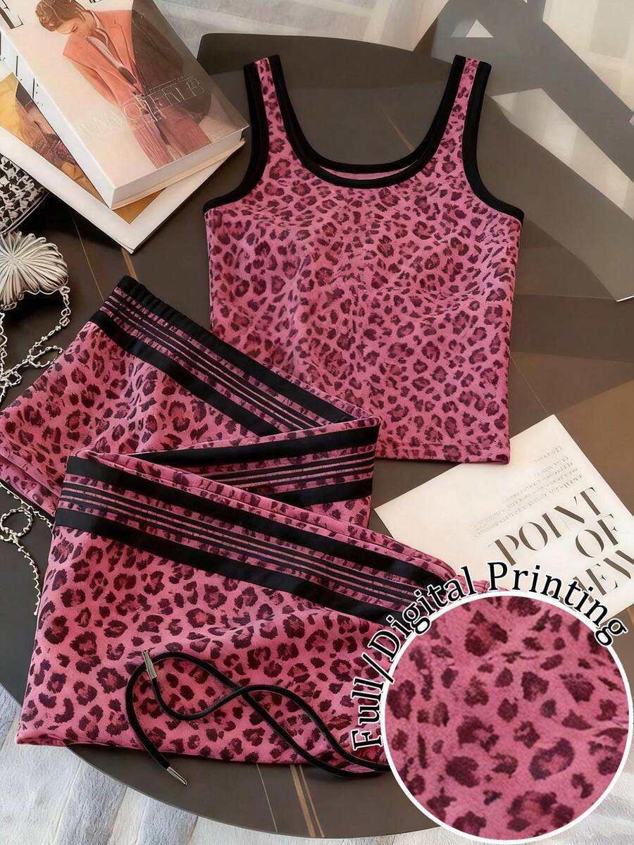 Resyla Women's Casual Chic Street Leopard Print Ringer Tank Top & Contrast Striped Side Pants 2 Pieces Set - Multicolor - View 1