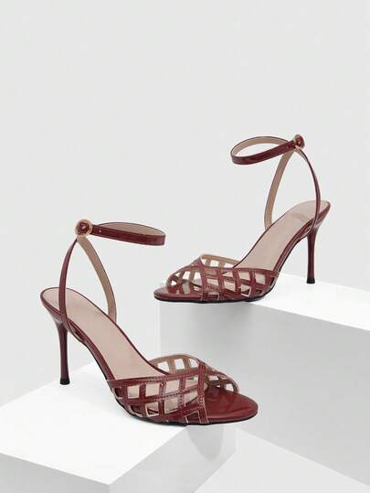 CUCCOO SZL Zapatos de mujer Sandalias de tacón alto Primavera y verano Nuevos zapatos de mujer de cuero patentado y malla calada con punta abierta Tacón fino de 8,5 cm Elegante y versátil de unicolor