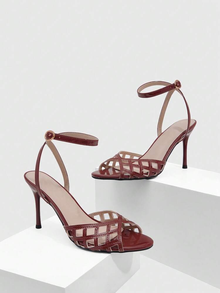 CUCCOO SZL Women Shoes Women's High-Heeled Sandals Spring And Summer New Patent Leather Mesh Hollow Peep Toe Fine High Heel 8.5cm French Retro Elegant Dating Versatile Solid Color Women's Shoes