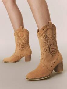 Styleloop Women's Mid-Calf Boots, Suede Fabric, Bohemian Style, Retro American, Boho, Western Boots, Coachella Music Festival, Party Outfit - Mustard Yellow - View 4