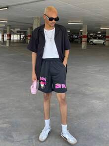 Ngobest Haus Ngobest Haus Men's Slogan Cartoon Character Printed Drawstring Waist Casual Shorts, Football Style - Black - View 5