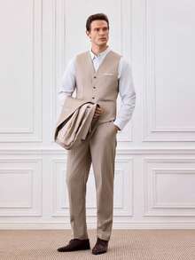 Officeau 男士米色修身西装三件套：外套、马甲和西裤，经典正式商务婚礼着装，休闲男士西装外套 - 米色 - 查看 8