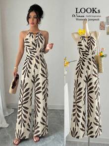 Louniche Bộ jumpsuit nữ thanh lịch, thoải mái, màu be chủ đạo phối họa tiết nâu, chất liệu vải lanh, cổ yếm, đính hạt cườm và thắt nơ ở eo, thích hợp cho mùa xuân/hè. - Nhiều màu - Xem 5