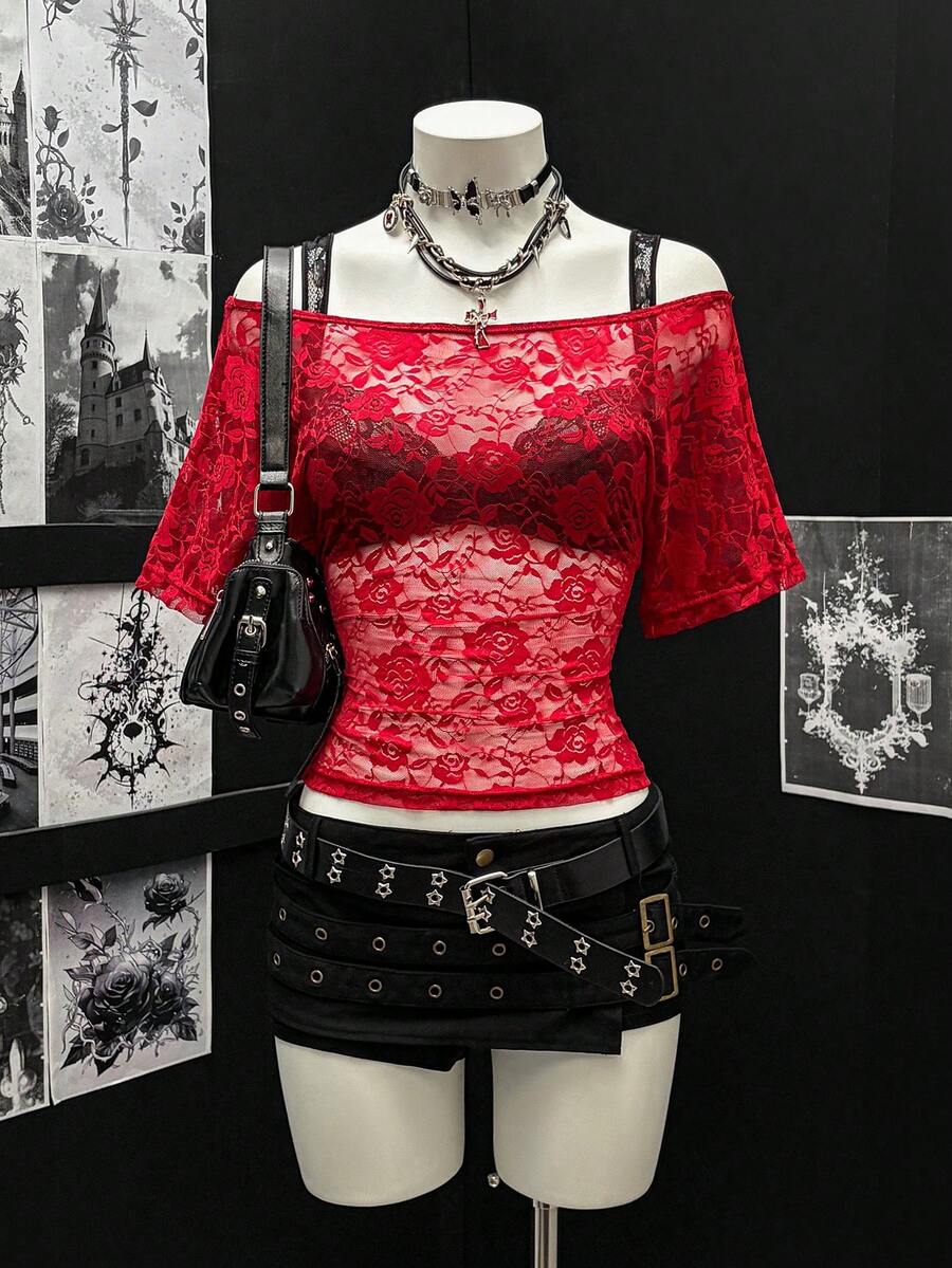 EgrlEra Women's Sexy Lace Fabric Fitted Retro Blouse - Black - View 1