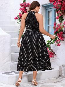 EMERY ROSE Zanzea Plus Size Polka Dot Print Halter Neck Dress For Women, Black Elegant Retro Summer Holiday Vacation Outfit, Chic Tea Party Dresses - Black and White - View 3