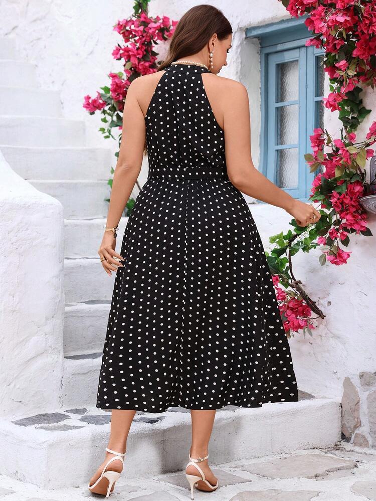 Plus Size Polka Dot Print Halter Neck Casual Vacation Dress