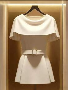 SHEIN 梭织面料圆领无袖金属扣腰带褶裥下摆女士优雅衬衫，商务、通勤、旅行、春夏皆宜 - 杏色 - 查看 1