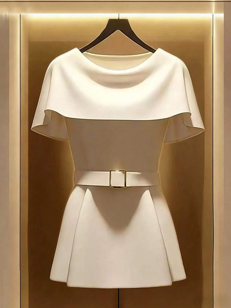 SHEIN 梭织面料圆领无袖金属扣腰带褶裥下摆女士优雅衬衫，商务、通勤、旅行、春夏皆宜 - 杏色 - 查看 1