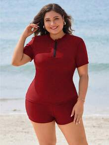 Swim SPRTY Bộ đồ bơi nữ cỡ lớn đi biển, gồm áo tay ngắn cổ chữ V và quần short. - Đỏ - Xem 4