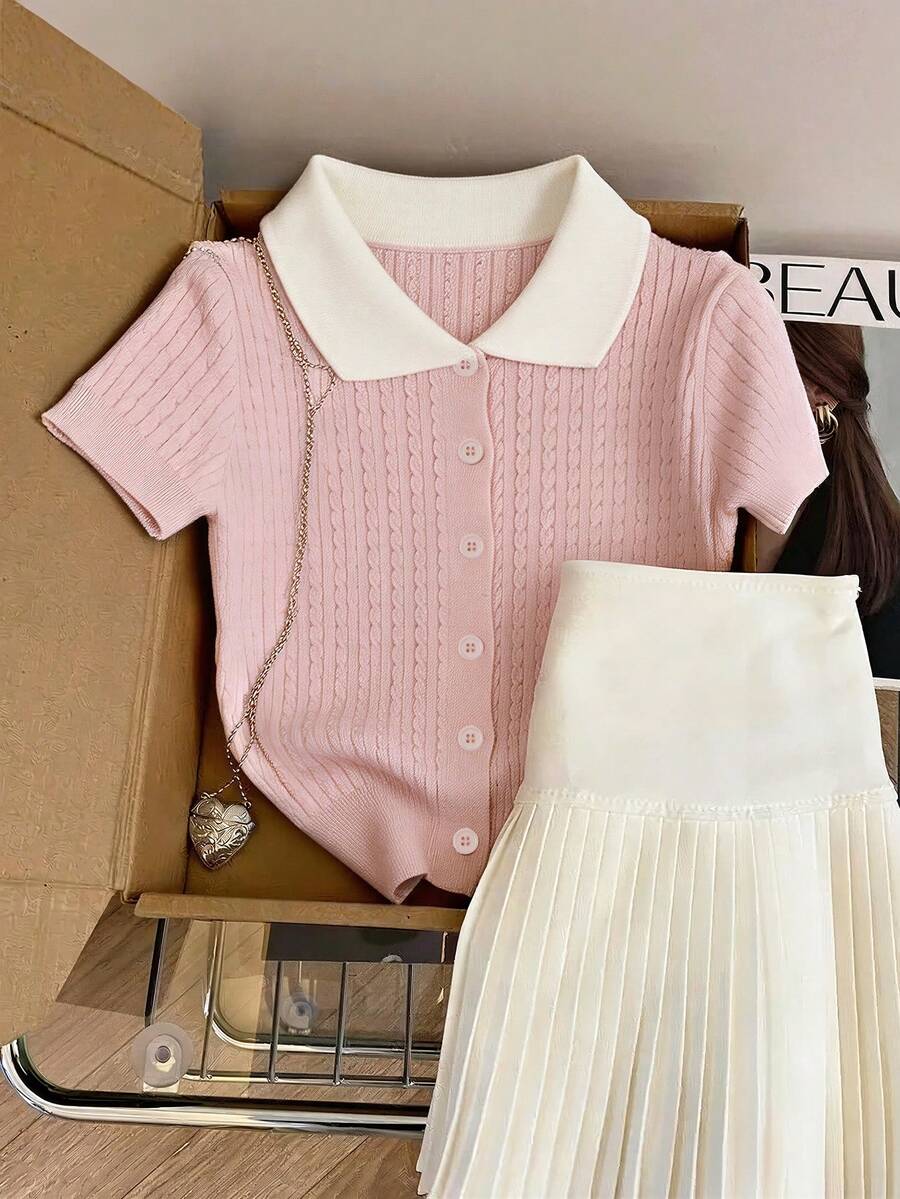 Lyxana Áo len dệt kim phối màu thời trang Âu Mỹ mới về. - Hồng - Xem 1