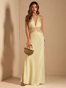 SHEIN BAE Spring & Summer Wedding Guest Dress, Pure Yellow Satin Deep V-Neck, Waist Lace Semi-Sheer Mermaid Dress, Suitable For Party, Vacation, Banquet, Wedding, Night Out, Romantic Date - Light Yellow - View 1