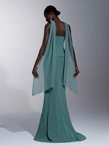 Elitara 优雅绿色高弹亮面针织无肩带领口奢华手工串珠水钻高腰修身鱼尾长裙，配可拆卸披肩，适合约会、度假、单身派对、婚礼、返校舞会、女士晚礼服 - 綠色 - 查看 3