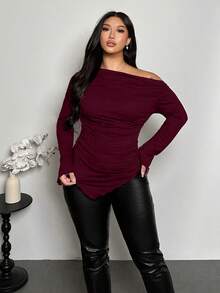 Firerie Plus Size Women Red Solid Asymmetric Hem Ruched Shoulder Long Sleeve Fitted Fashionable T-Shirt/Winter Fall - Burgundy - View 7