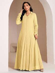 Veilorie Conservative Casual Ruched Sleeve Dress, Women's Arabic Style Long Dress - Yellow - View 4