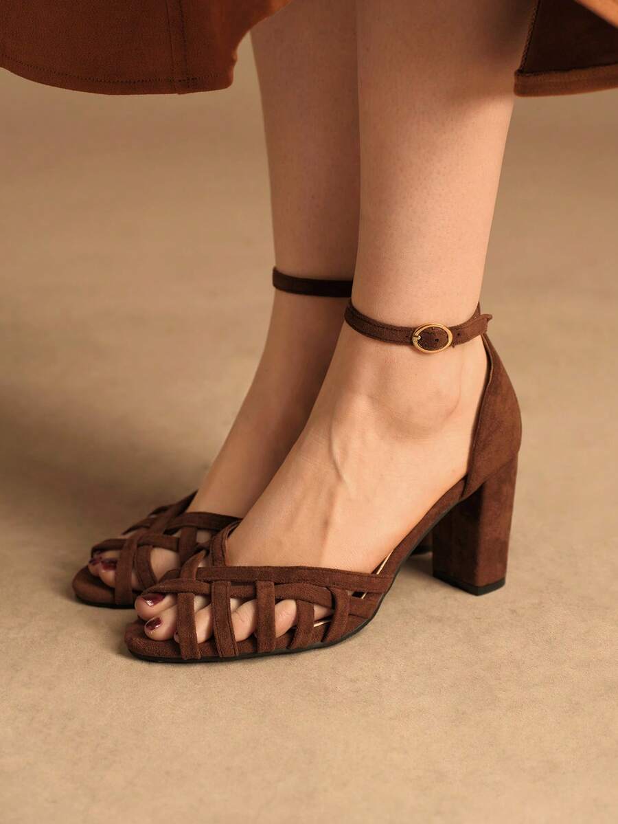 Rosivie Mẫu sandal đế dày hở mũi, khoét lỗ, kiểu Pháp cổ điển mới năm 2025 dành cho nữ. - Cà phê nâu - Xem 1