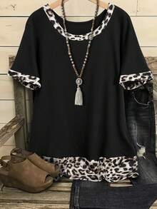 EMERY ROSE Plus Size Women Leopard Print Trim Round Neck Casual Versatile Daily Wear Short Sleeve T-Shirt - Multicolor - View 1