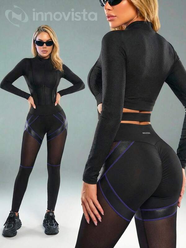 Innovista Leggings de mujer con parches de malla, otros leggings negros de danza para mujer de cintura alta para entrenamiento, con pespuntes en contraste morados, panel de malla + parches de cuero sintético de alta elasticidad, compresión transpirable moldeadora para gimnasio, yoga, pilates