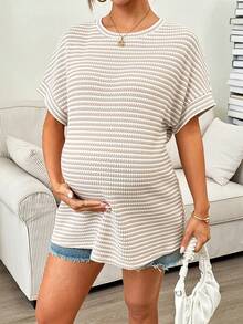 SHEIN Maternity Striped Round Neck Batwing Short Sleeve Casual Loose T-Shirt - Khaki - View 6
