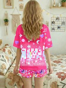 少女休闲卡通字母印花短袖上衣短裤套装，适合夏季穿着 - 彩色 - 查看 2