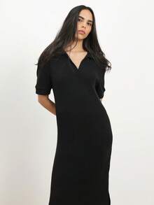 KSTM 翻领针织中长连衣裙，长袖V领黑色连衣裙，侧开衩设计，秋冬季优雅办公室职业装 - 黑色 - 查看 4