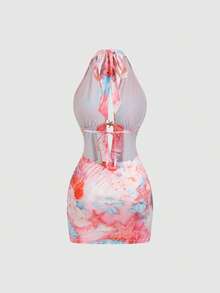 Sweetra Vestido mini halter sin espalda con estampado de estrella de mar y perla, estilo casual y sexy de playa y resort de verano para mujer - Multicolor - Ver 2