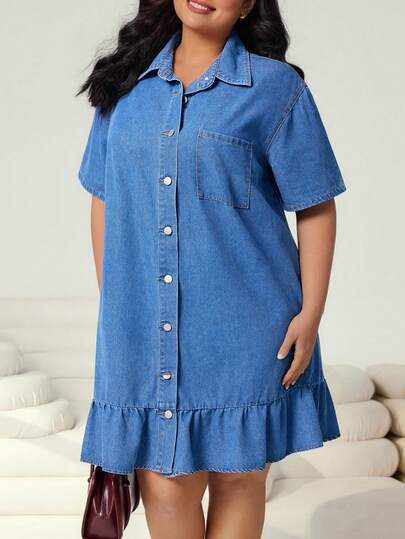 Solflare Plus Size Women Summer Casual Commuter Patchwork Pocket Ruffle Hem Denim Dress Spring To Summer Carnival Costume Commuting Vacation Graduation Chic Y2k Cute Streetwear Coquette Party Wedding Elegant Business Casual Woman Blue Women's Plus Size Denim Shirt Dress With Ruffled Hem And Short Sleeves Casual Loose Fit Plus Size Denim Shirt Dress Ruffle Hem Denim Dress Workwear Denim Dress Spring Fashion New Arrivals Confident Plus Size Cute Plus Size Dress