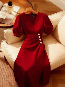 Franclia Đầm ngắn tay cổ chữ V màu trơn thanh lịch dành cho nữ - Màu Đỏ Sâu - Xem 5